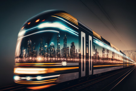 train speeding past cityscape at night, with lights and reflections on the windows, created with generative aiの素材