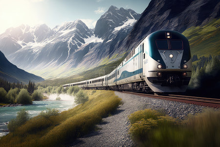 passenger train, passing through picturesque landscape, with mountains in the background, created with generative aiの素材
