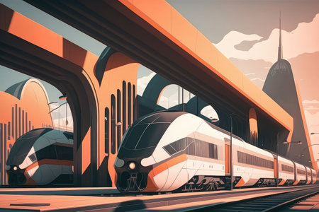 modern railway station, with sleek and streamlined passenger trains rolling in and out, created with generative aiの素材