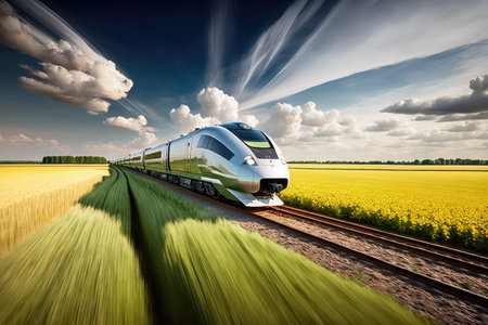 high-speed train, with its sleek design and modern technology, speeding past farm fields, created with generative aiの素材