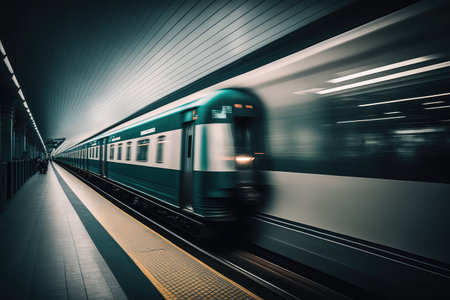 modern subway with sleek trains and comfortable seating, speeding through the city, created with generative aiの素材