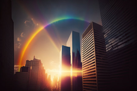 rainbow in sky above towering skyscrapers, with sun setting behind them, created with generative aiの素材