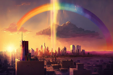 rainbow, with the sun setting behind a city skyline, casting warm and colorful light, created with generative aiの素材