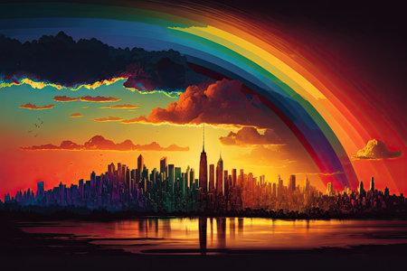 rainbow, with the sun setting behind a city skyline, casting warm and colorful light, created with generative aiの素材