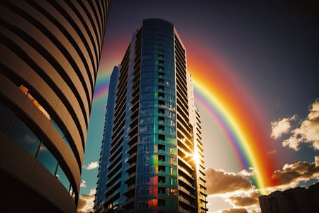 rainbow behind a high-rise building, with the sun setting in the background, created with generative aiの素材