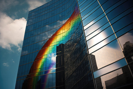 reflection of the rainbow, seen on a glass building in the heart of the city, created with generative aiの素材