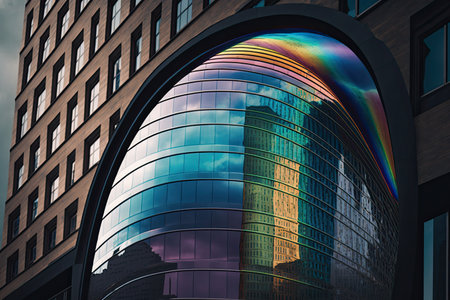 reflection of the rainbow, seen on a glass building in the heart of the city, created with generative aiの素材
