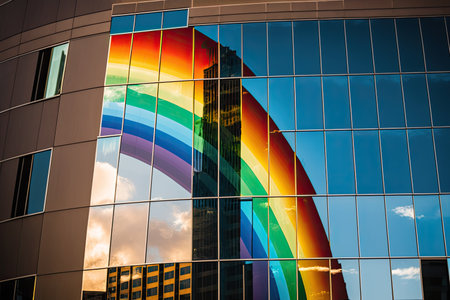 reflection of the rainbow, seen on a glass building in the heart of the city, created with generative aiの素材