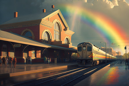 rainbow over a busy train station, with trains passing through the scene, created with generative aiの素材