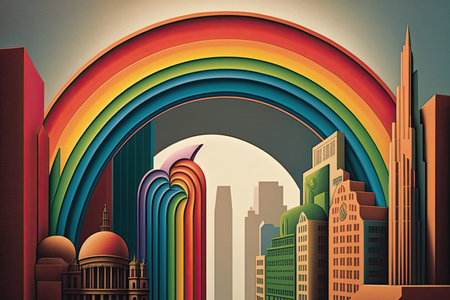 a whimsical rainbow arching over a bustling metropolis, with skyscrapers and modern architecture in the background, created with generative aiの素材
