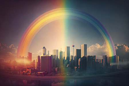 rainbow over a city skyline, with the sun shining through it, created with generative aiの素材