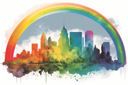 city skyline with vibrant rainbow, bringing hope and inspiration, created with generative aiの素材