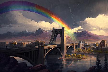 rainbow over the cityscape, with a bridge in the foreground and mountains in the background, created with generative aiの素材