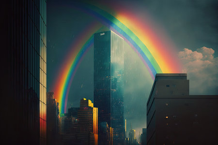 rainbow appearing over a skyscraper, with the rest of the city in view, created with generative aiの素材