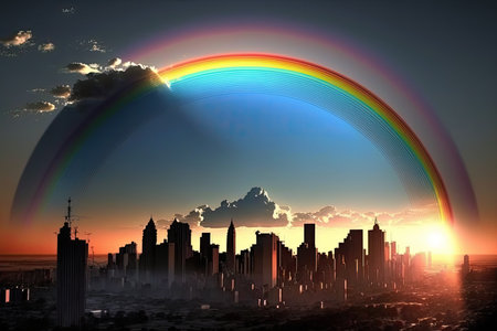 sunset over the city, with a rainbow and clear blue sky, created with generative aiの素材