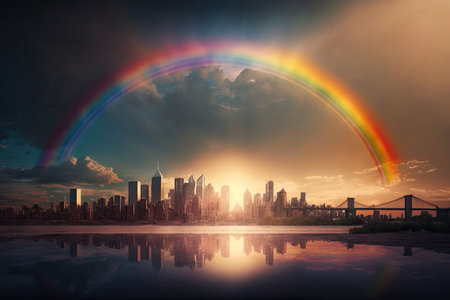 rainbow at sunrise, with the sun rising over city skyline, created with generative aiの素材