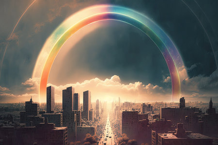 a sky with a double rainbow over the cityscape, with the sun shining through, created with generative aiの素材