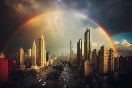 rainbow over a busy city, with towering skyscrapers in the background, created with generative aiの素材