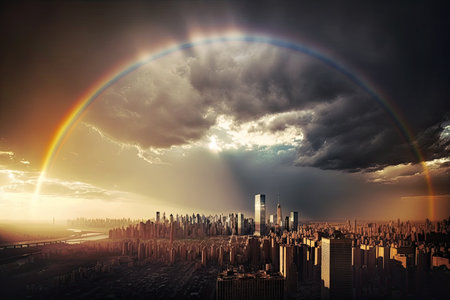 rainbow over a city skyline, with the sun peering out from behind the clouds, created with generative aiの素材