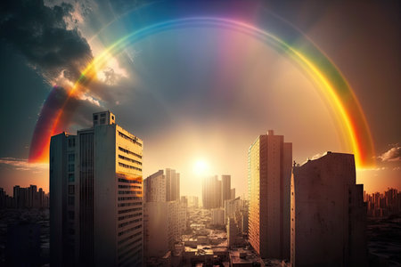 rainbow, with the sun setting behind buildings, over modern city, created with generative aiの素材