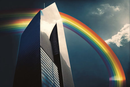 rainbow, with a close-up of a skyscraper in the background, created with generative aiの素材