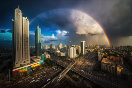 rainbow over the central business district, with tall skyscrapers and bustling traffic visible, created with generative aiの素材