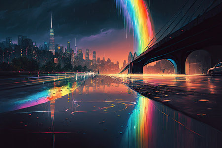 a rainbow with a view of the city skyline at night, with shining lights and reflections in the wet streets, created with generative aiの素材