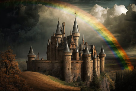 rainbow passing over the spires of a medieval castle, with a view of the surrounding countryside, created with generative aiの素材