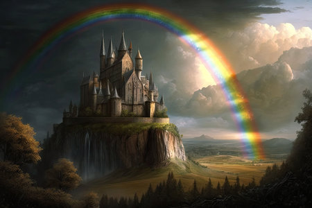 rainbow passing over the spires of a medieval castle, with a view of the surrounding countryside, created with generative aiの素材