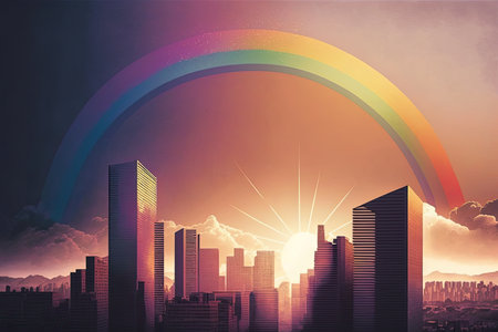 rainbow with the sun setting over a modern city, including tall buildings and skyscrapers, created with generative aiの素材