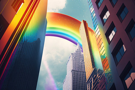 rainbow in the sky above towering skyscrapers, with reflections on windows and streets, created with generative aiの素材