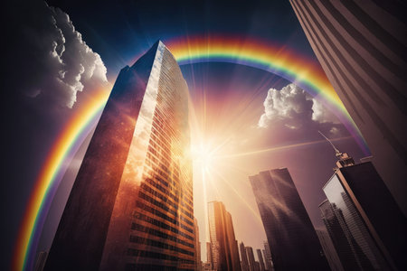 rainbow with sunburst over modern skyscrapers, created with generative aiの素材