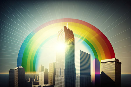 rainbow with sunburst over modern skyscrapers, created with generative aiの素材