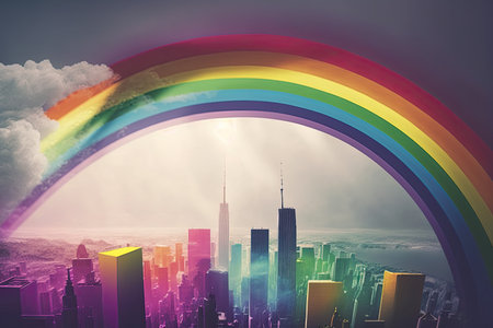 close-up of rainbow with a view of the city skyline in the background, created with generative aiの素材