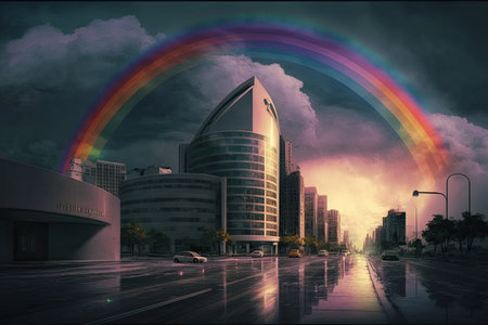 rainbow with storm clouds above a modern city, created with generative aiの素材
