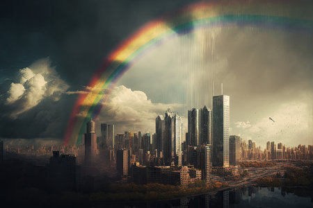 rainbow with storm clouds above a modern city, created with generative aiの素材
