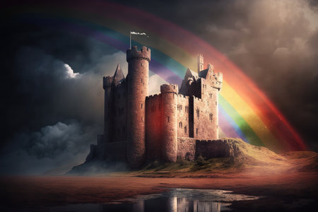 rainbow shining on castle in medieval city, created with generative aiの素材