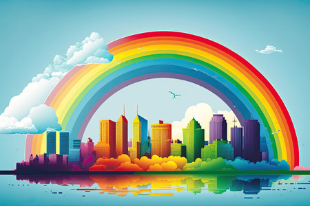 view of colorful rainbow with cityscape in the background, against a blue sky, created with generative aiの素材