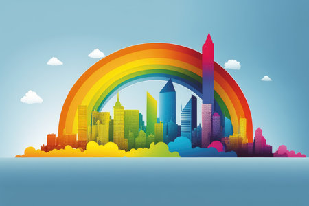 view of colorful rainbow with cityscape in the background, against a blue sky, created with generative aiの素材