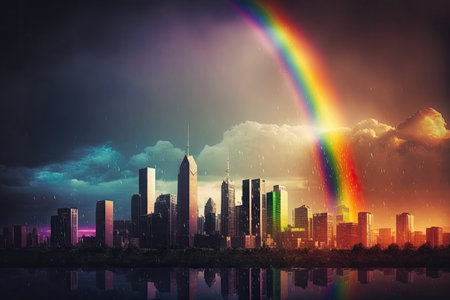 rainbow over the city with tall skyscrapers visible in the background, created with generative aiの素材