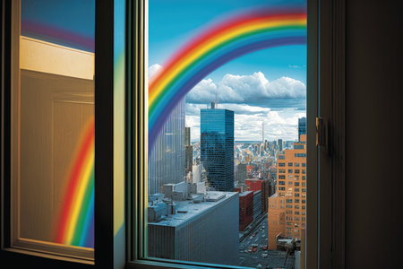 rainbow, with a view of modern glass skyscrapers and bustling downtown, viewed from the window of a high-rise building, created with generative aiの素材