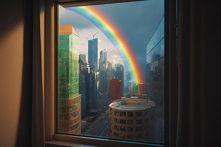 rainbow, with a view of modern glass skyscrapers and bustling downtown, viewed from the window of a high-rise building, created with generative aiの素材