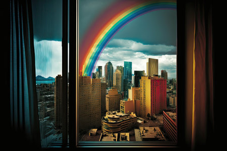 rainbow, with a view of modern glass skyscrapers and bustling downtown, viewed from the window of a high-rise building, created with generative aiの素材