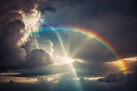 dramatic rainbow stretching across the sky, with the sun peeking through clouds, created with generative aiの素材