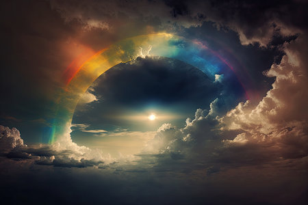 dramatic rainbow stretching across the sky, with the sun peeking through clouds, created with generative aiの素材