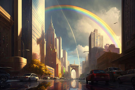 view of a busy downtown, with rainbows arching over the skyline and reflecting on skyscrapers, created with generative aiの素材
