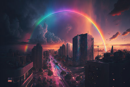 a rainbow over a city at dusk with the lights of the buildings shining, created with generative aiの素材
