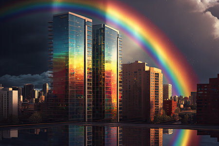a rainbow over the city, with reflections in the windows of high-rise buildings, created with generative aiの素材