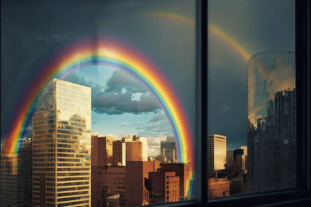 a rainbow over the city, with reflections in the windows of high-rise buildings, created with generative aiの素材