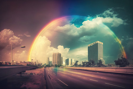 a serene sky with a rainbow and cityscape in the background, created with generative aiの素材